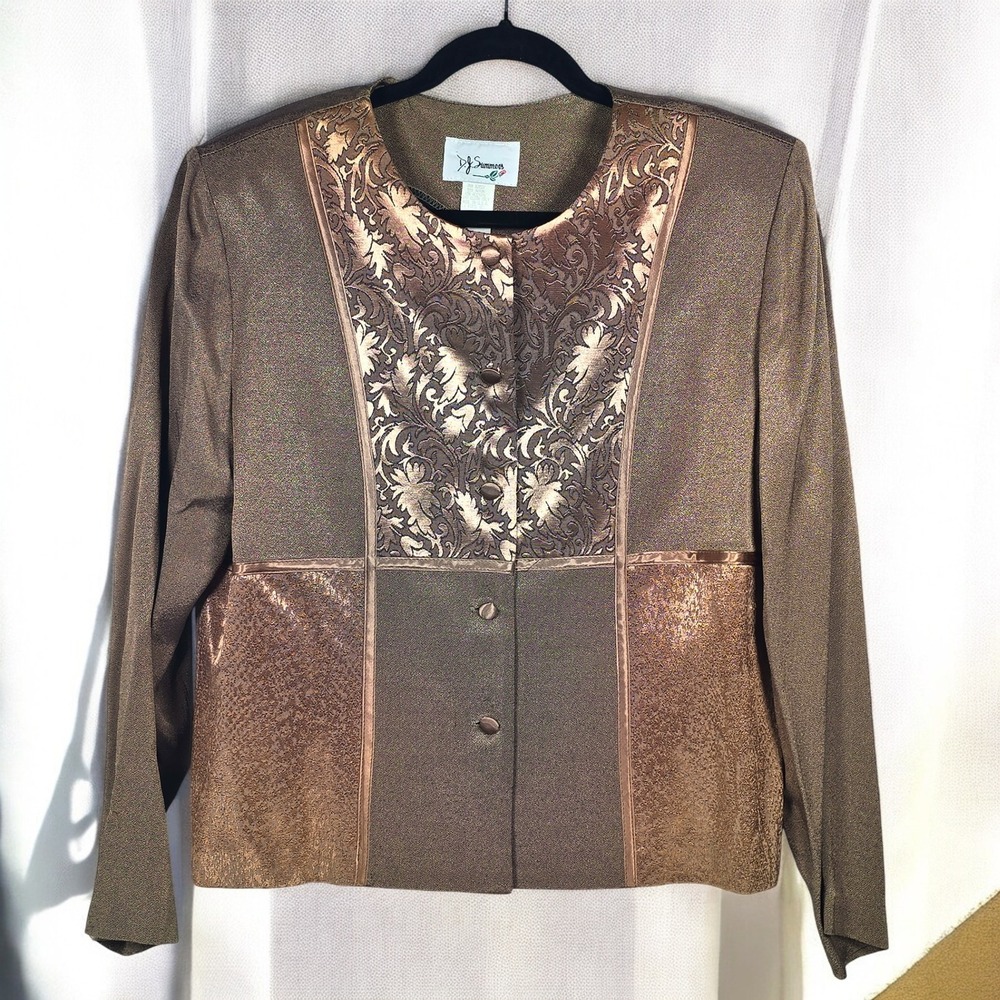 Vintage D.J. Summers Blazer Jacket Women Size 16 Bronze Metallic Floral‎ Brocade